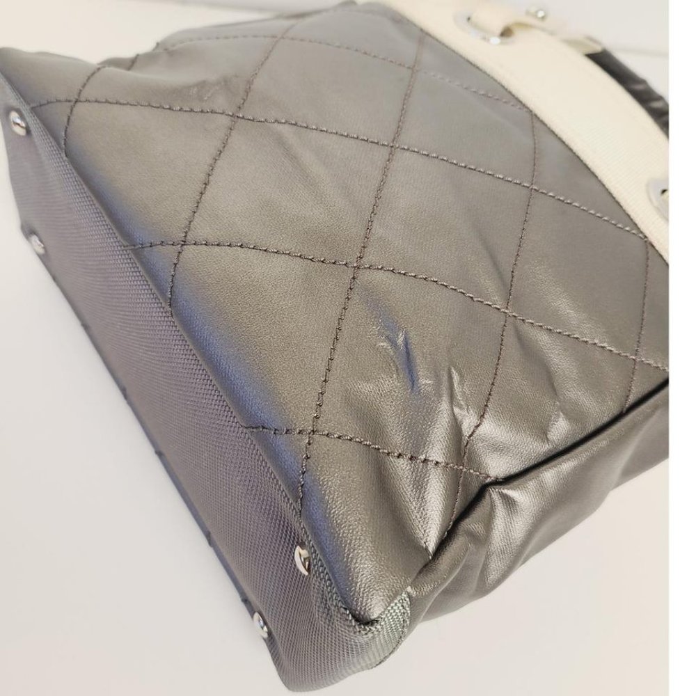 CHANEL Biarritz Paris Metallic Quilted Coated C Gray Beige Leather Canvas Tote - Picture 6 of 13